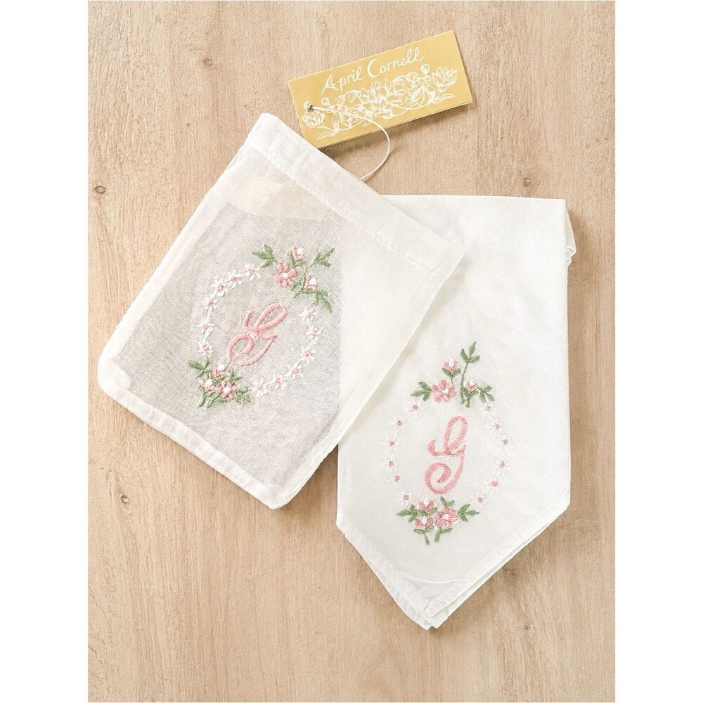 NWT Vintage April Cornell White Cotton Embroidered G Monogram Handkerchief Y2K